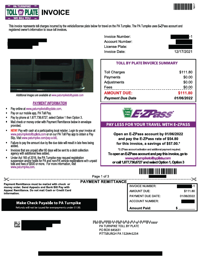 Toll By Plate invoice