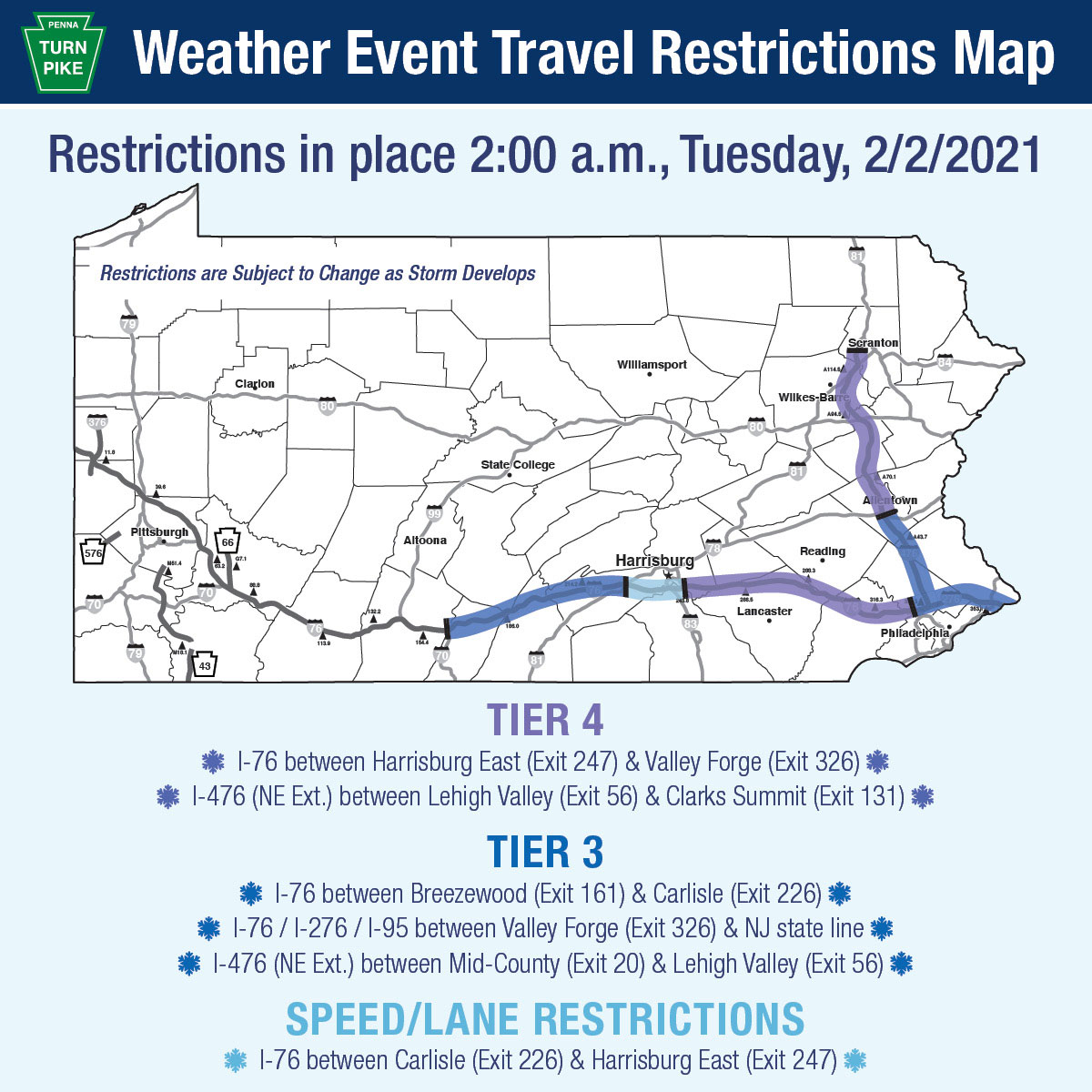 Restrictions in place 2:00 a.m., Tuesday, 2/2/2021 - Tier 4, Tier3, Speed/Lane Restrictions