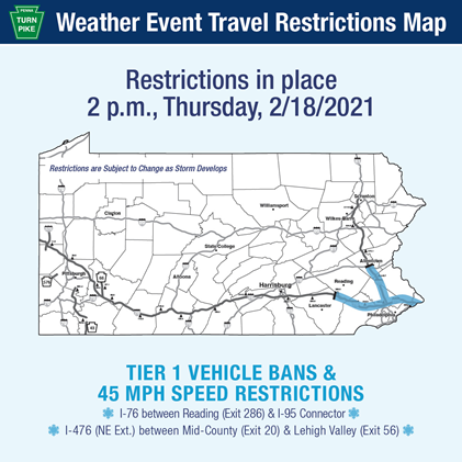 Weather Event Travel Restrictions Map - Tier 1 Vehicle Bans & 45 MPH Speed Restrictions