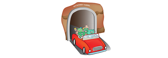 Cartoon of keystone characters driving through Kittatinny Mountain Tunnel