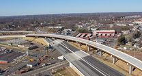 Aerial of completed northbound I-95 flyover converging with PA Turnpike (Jun/Jul/Aug 2018)