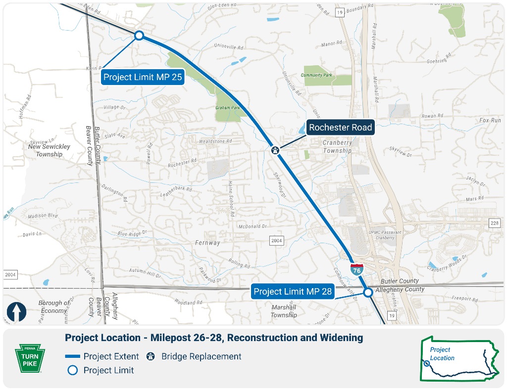 Milepost 26-28, Reconstruction and Widening_PA_Turnpike_Project_Location_Map_Lnd_8_5x11 MP 26-28 Map 2025