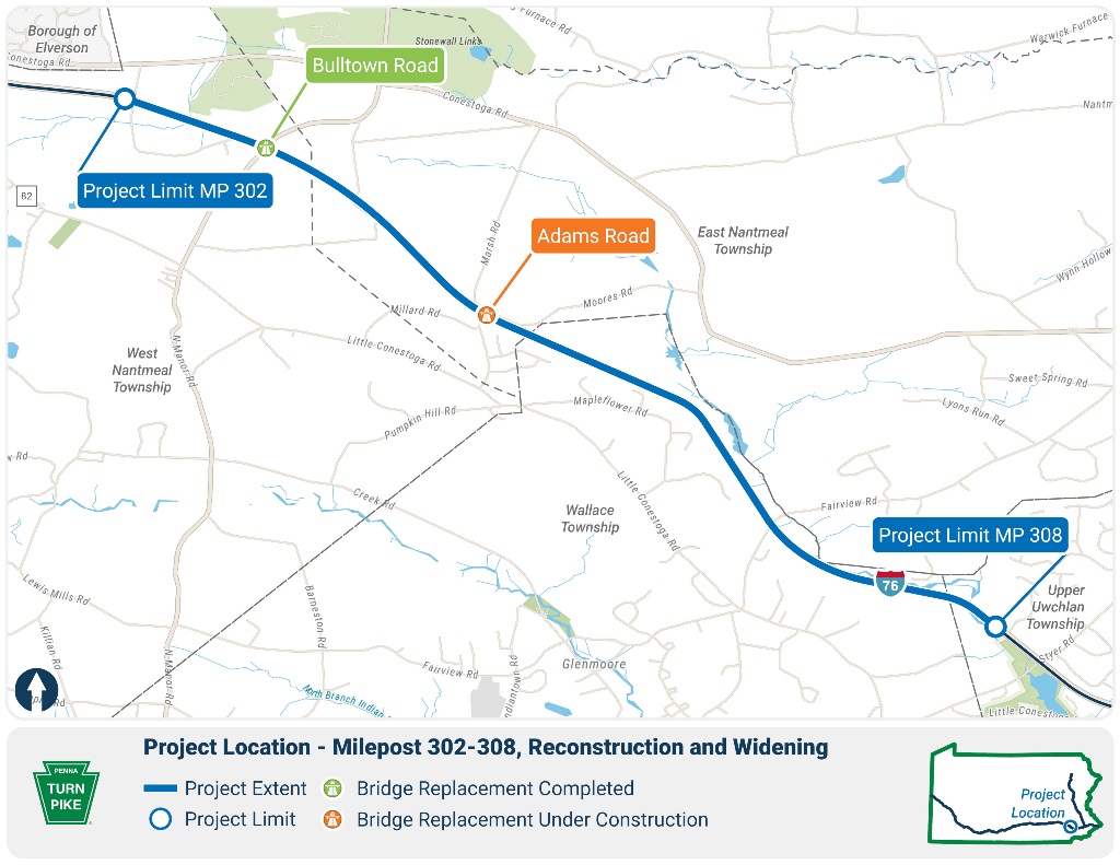 Milepost 302-308, Reconstruction and Widening_PA_Turnpike_Project_Location_Map_Lnd_8_5x11 MP 302-308 Map 2025