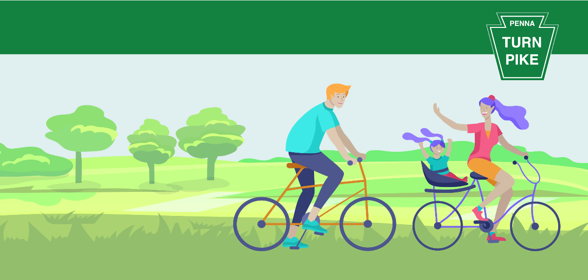 graphic of family biking through a landscape
